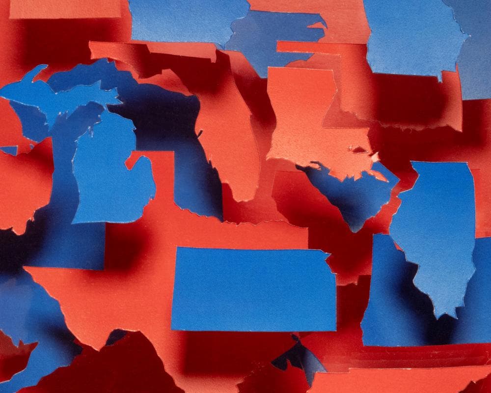 Floating US states in red and blue colors.