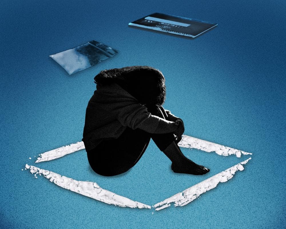 Graphic of distressed woman with head in knees surrounded by lines of cocaine.