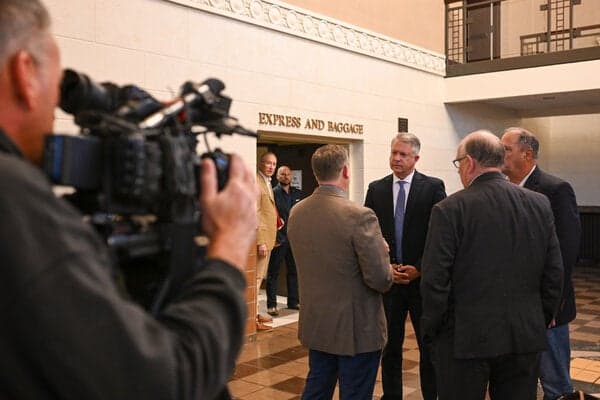 Senator Roger Marshall, right, before an event at the Great Overland Station in Topeka, Kan., this month.