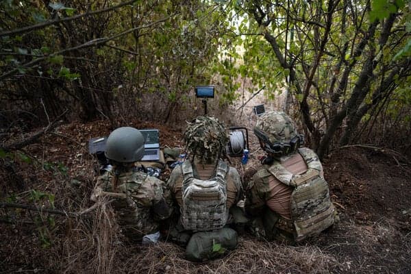 Ukrainian soldiers operated a drone over Russian-occupied territory from the Zaporizhzhia region in 2023.