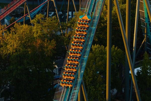 A Goliath roller coaster train sitting on the track after riders were evacuated at Six Flags Over Georgia earlier this month.
