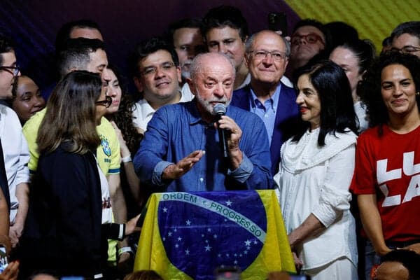 Brazilian President Luiz Inacio Lula da Silva, the Workers’ Party (PT) candidate for presidential re-election, speaks alongside his wife, Rosangela “Janja” da Silva, and Vice President Geraldo Alckmin after winning the presidential runoff election, in Sao Paulo, Brazil, on Sunday.